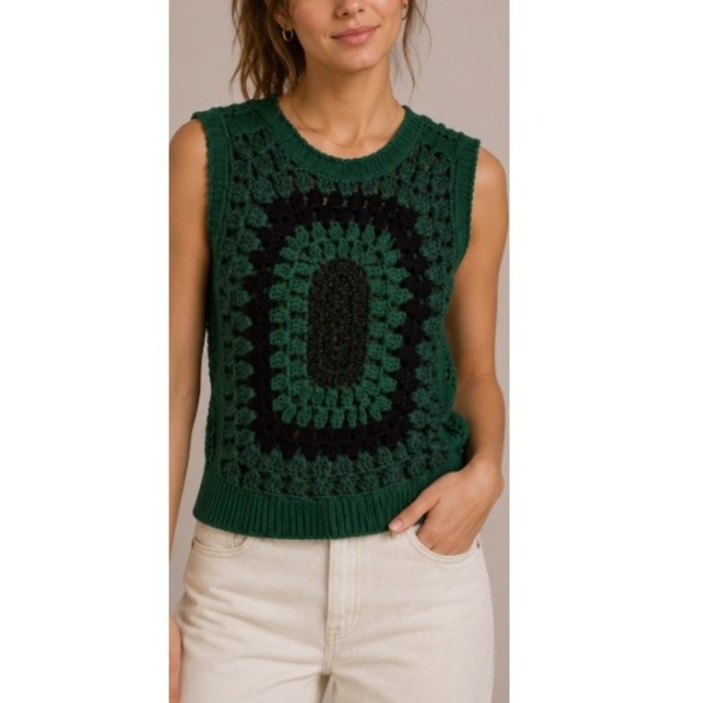 Sandri Women's Green Black Hand Crochet Knit Sweater Vest Size M NWOT